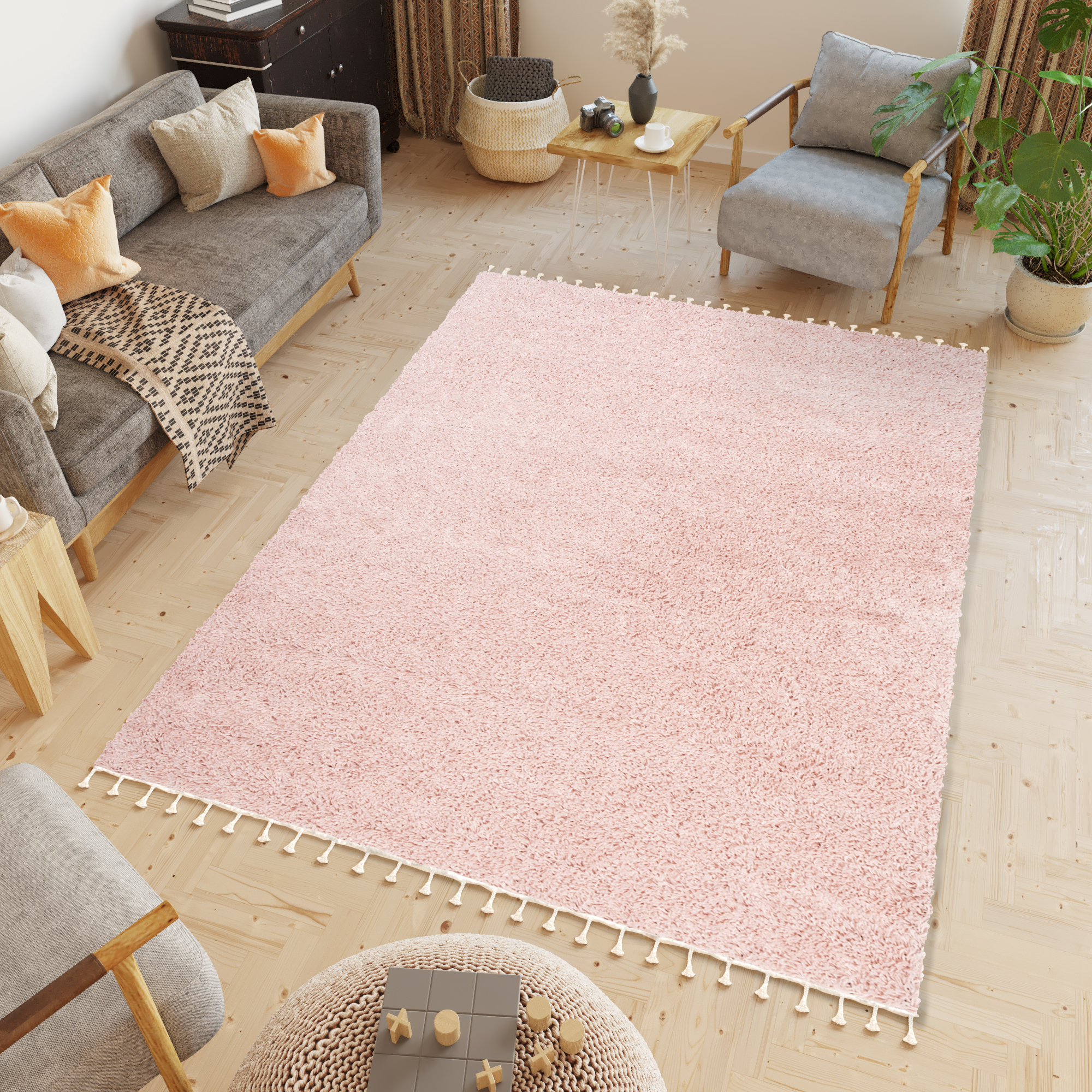 Teppich Boho mit Fransen Rosa Shaggy