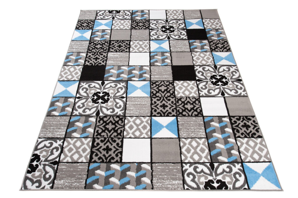 Teppich Maya Grau Blau Quadrate Mosaik