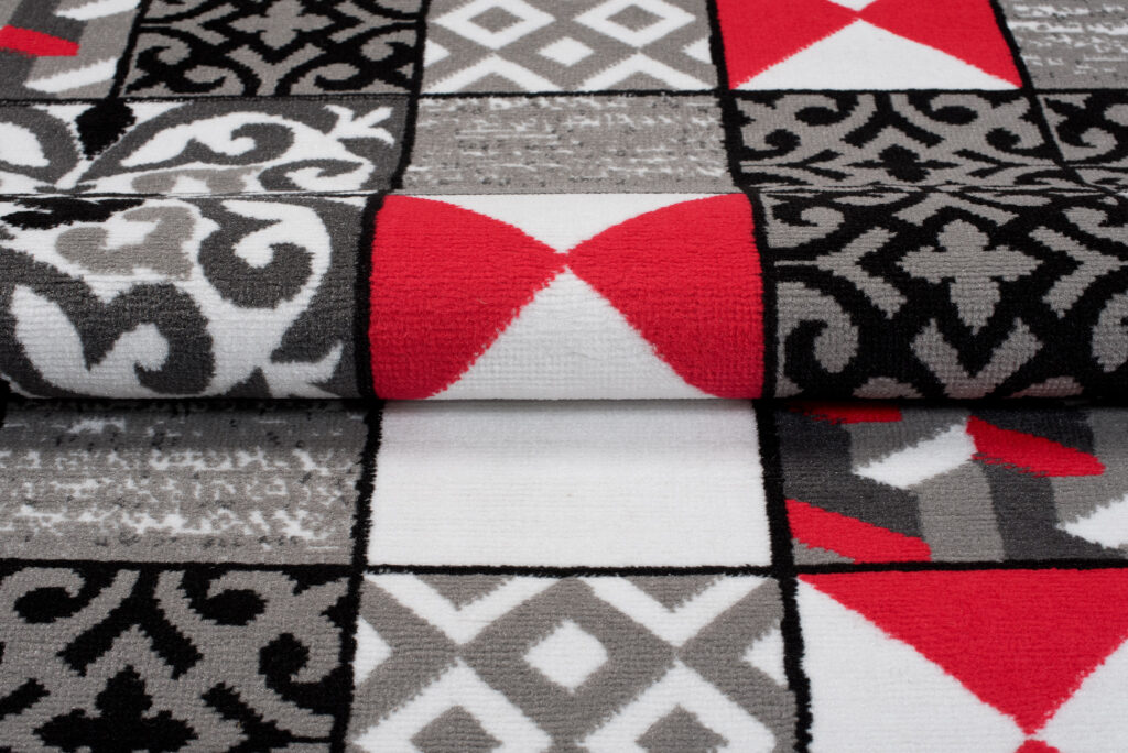 Teppich Maya Grau Rot Quadrate Mosaik