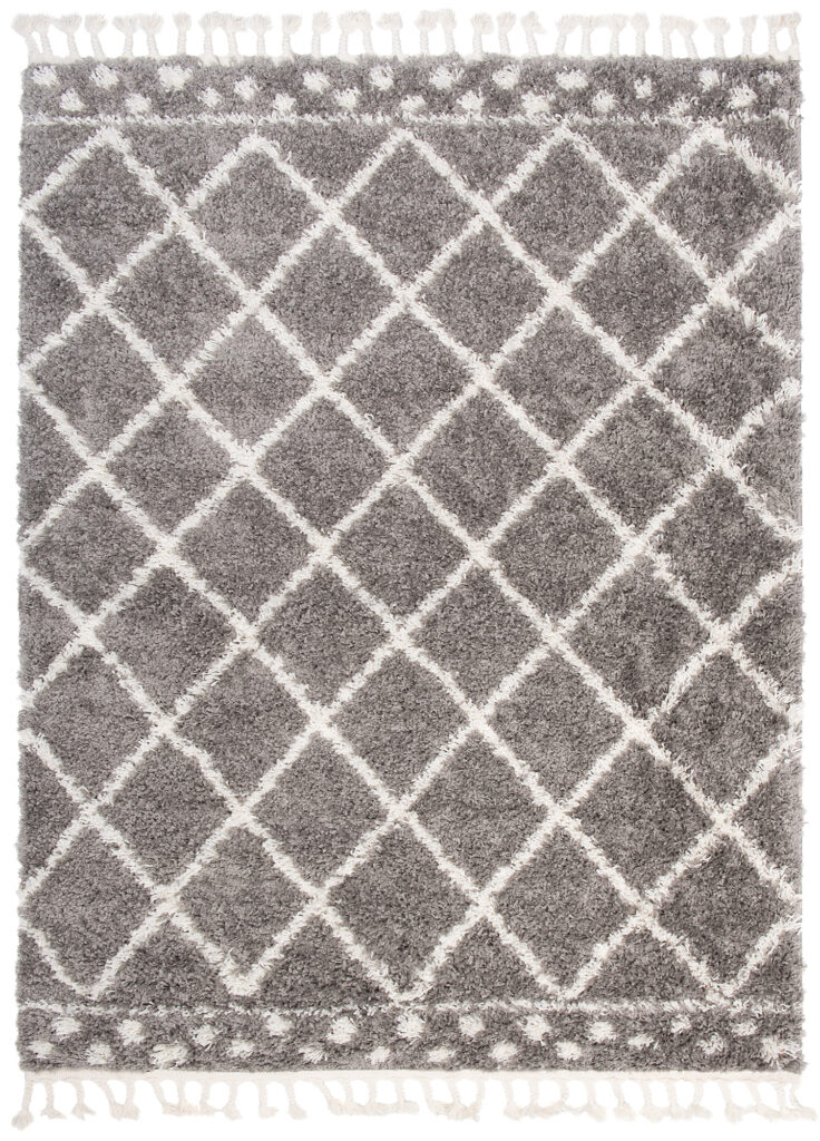 Teppich Boho mit Fransen Grau Gitter Punkte Shaggy