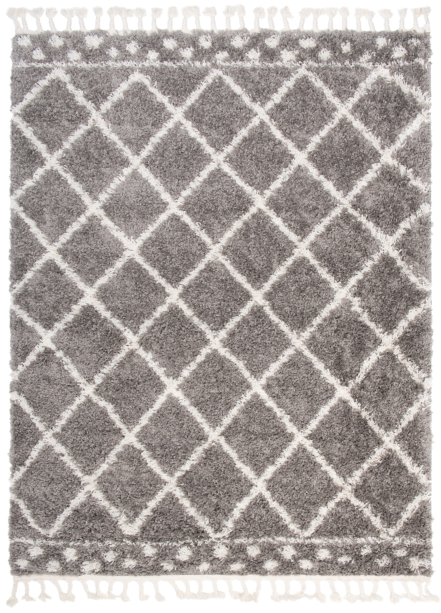 Teppich Boho mit Fransen Grau Gitter Punkte Shaggy