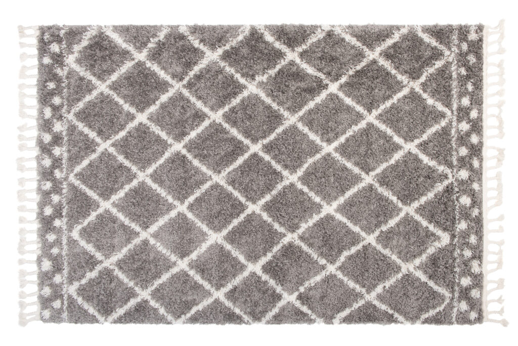 Teppich Boho mit Fransen Grau Gitter Punkte Shaggy