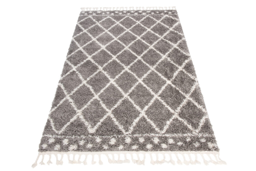 Teppich Boho mit Fransen Grau Gitter Punkte Shaggy