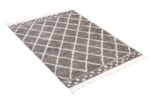 Teppich Boho mit Fransen Grau Gitter Punkte Shaggy