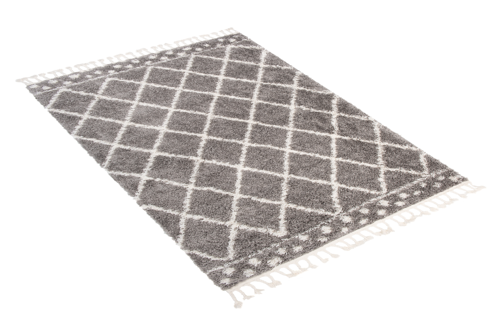 Teppich Boho mit Fransen Grau Gitter Punkte Shaggy