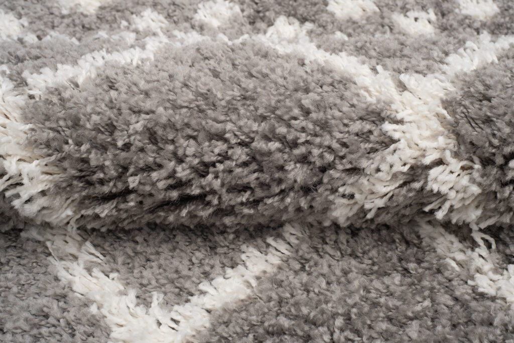 Teppich Boho mit Fransen Grau Gitter Punkte Shaggy