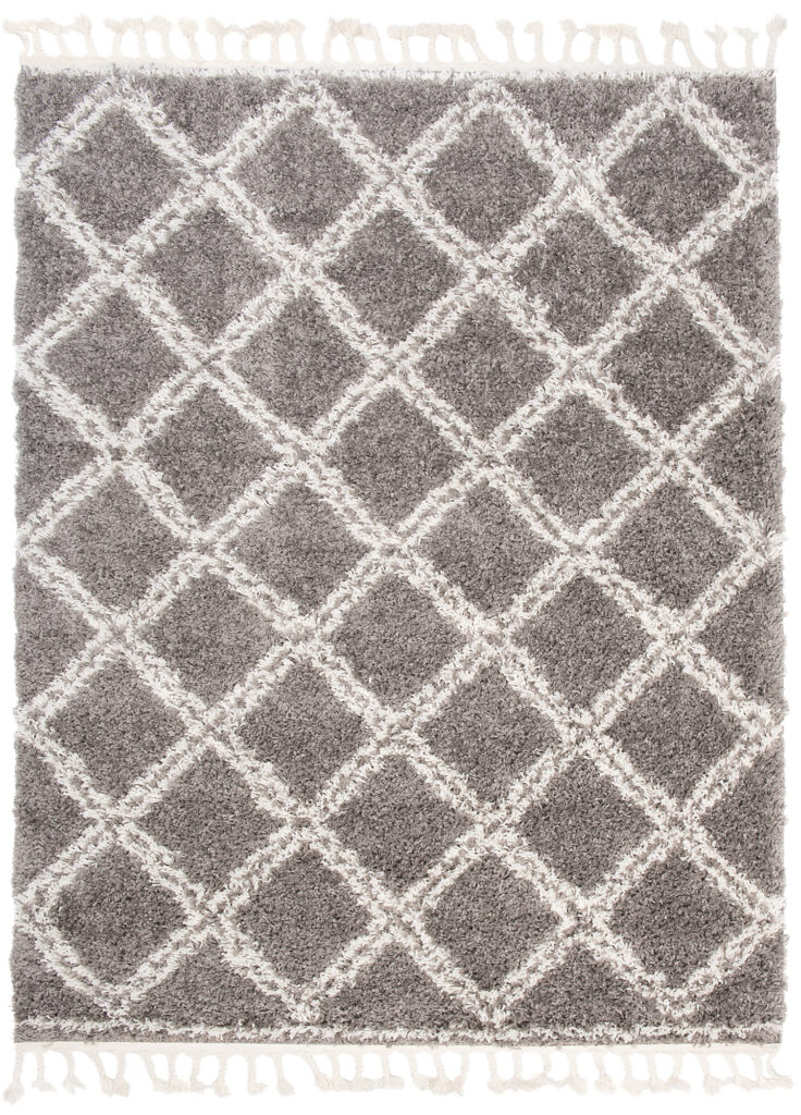 Teppich Boho mit Fransen Grau Gitter Shaggy