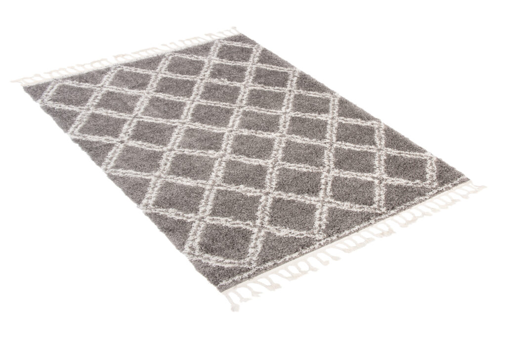 Teppich Boho mit Fransen Grau Gitter Shaggy