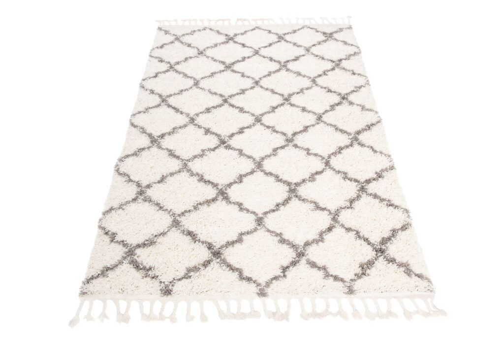 Teppich Boho mit Fransen Creme Gitter Shaggy
