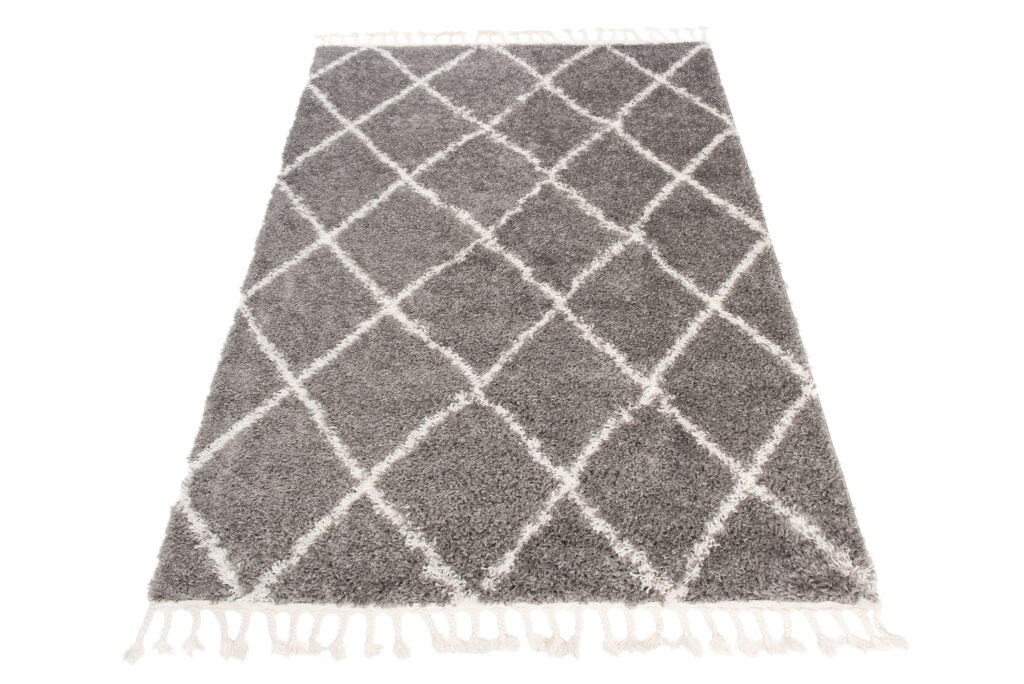 Teppich Boho mit Fransen Grau Rauten Shaggy