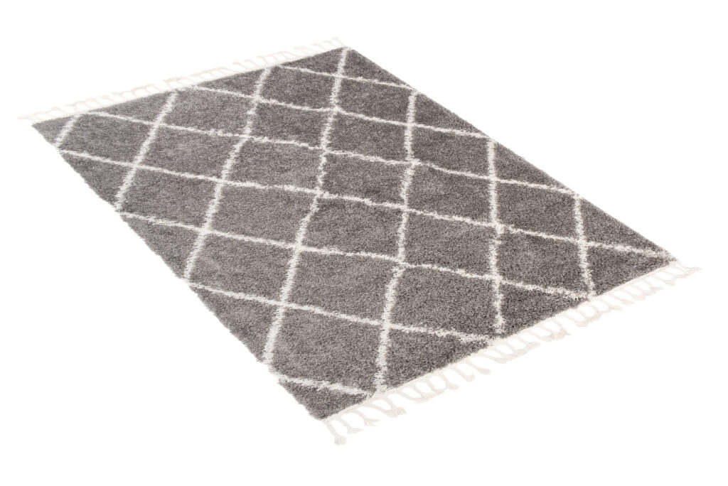 Teppich Boho mit Fransen Grau Rauten Shaggy