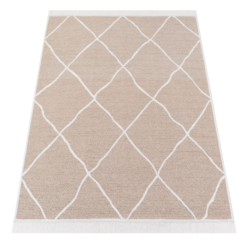 Teppich Azteca Baumwolle Beige Rauten mit Fransen