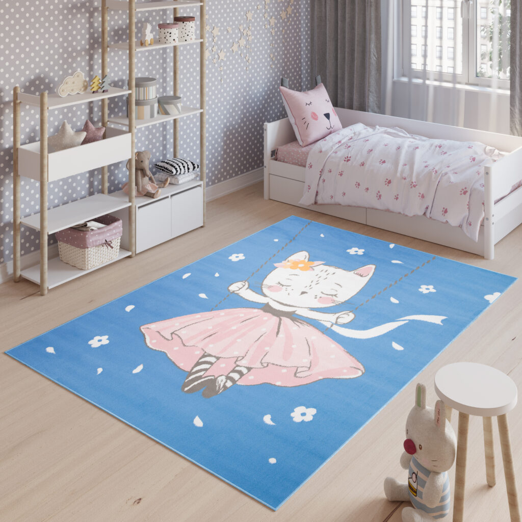 Teppich Jolly Kurzflor Kinderteppich Spielmatte Blau Rosa Katze