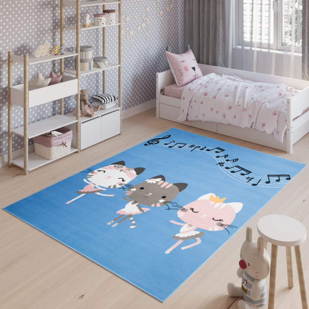 Teppich Jolly Kurzflor Kinderteppich Spielmatte Blau Grau Rosa Katzen