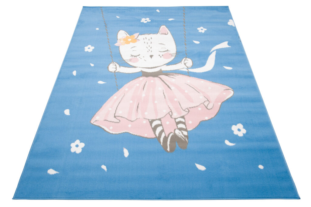 Teppich Jolly Kurzflor Kinderteppich Spielmatte Blau Rosa Katze