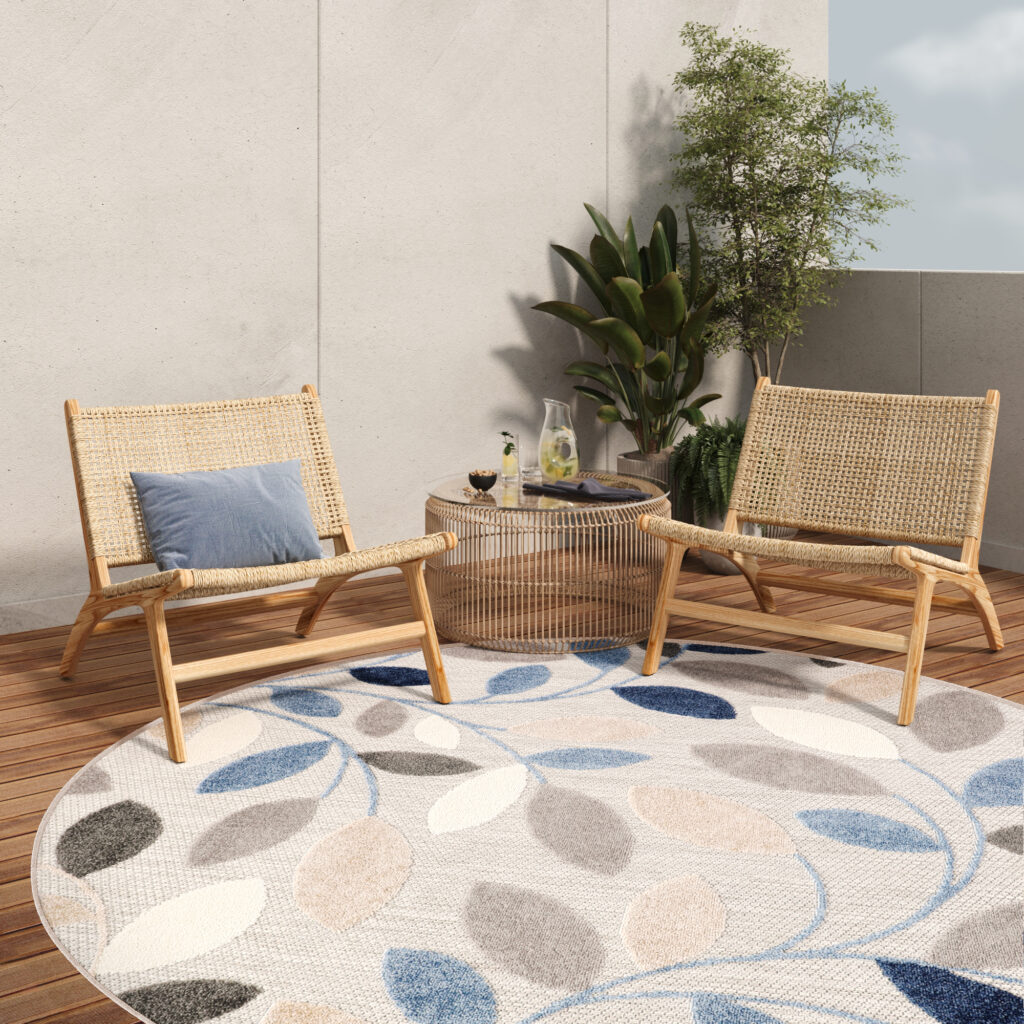 Outdoorteppich Patio Rund Grau Blau Blätter