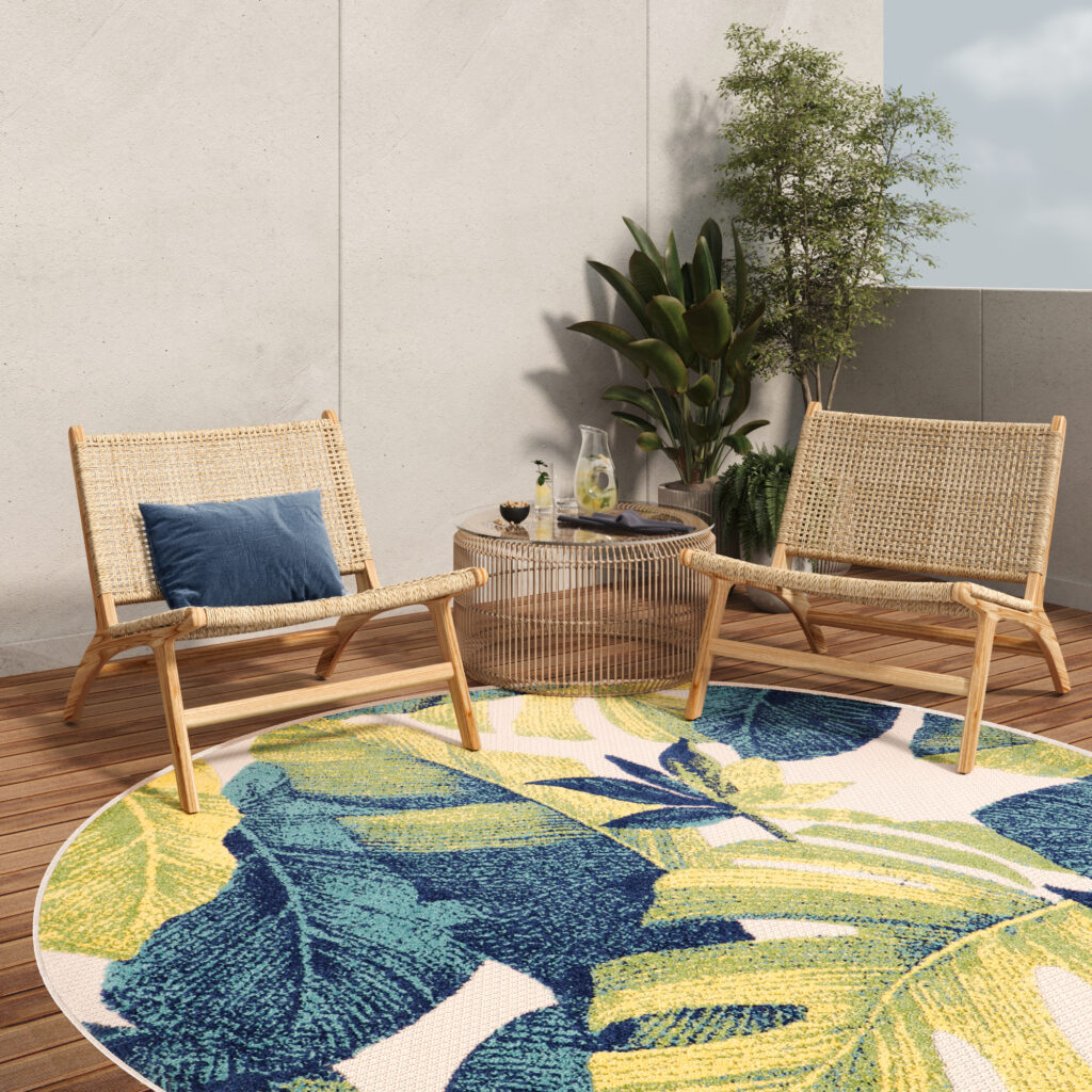 Outdoorteppich Patio Rund Creme Palmenblätter