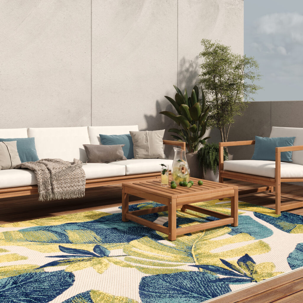 Teppich Outdoor Patio Creme Blätter Palmen