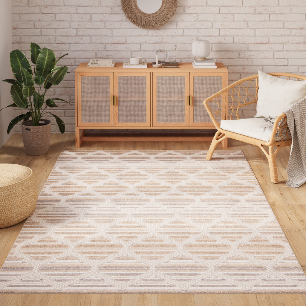 Teppich Outdoor Patio Creme Grau Gitter