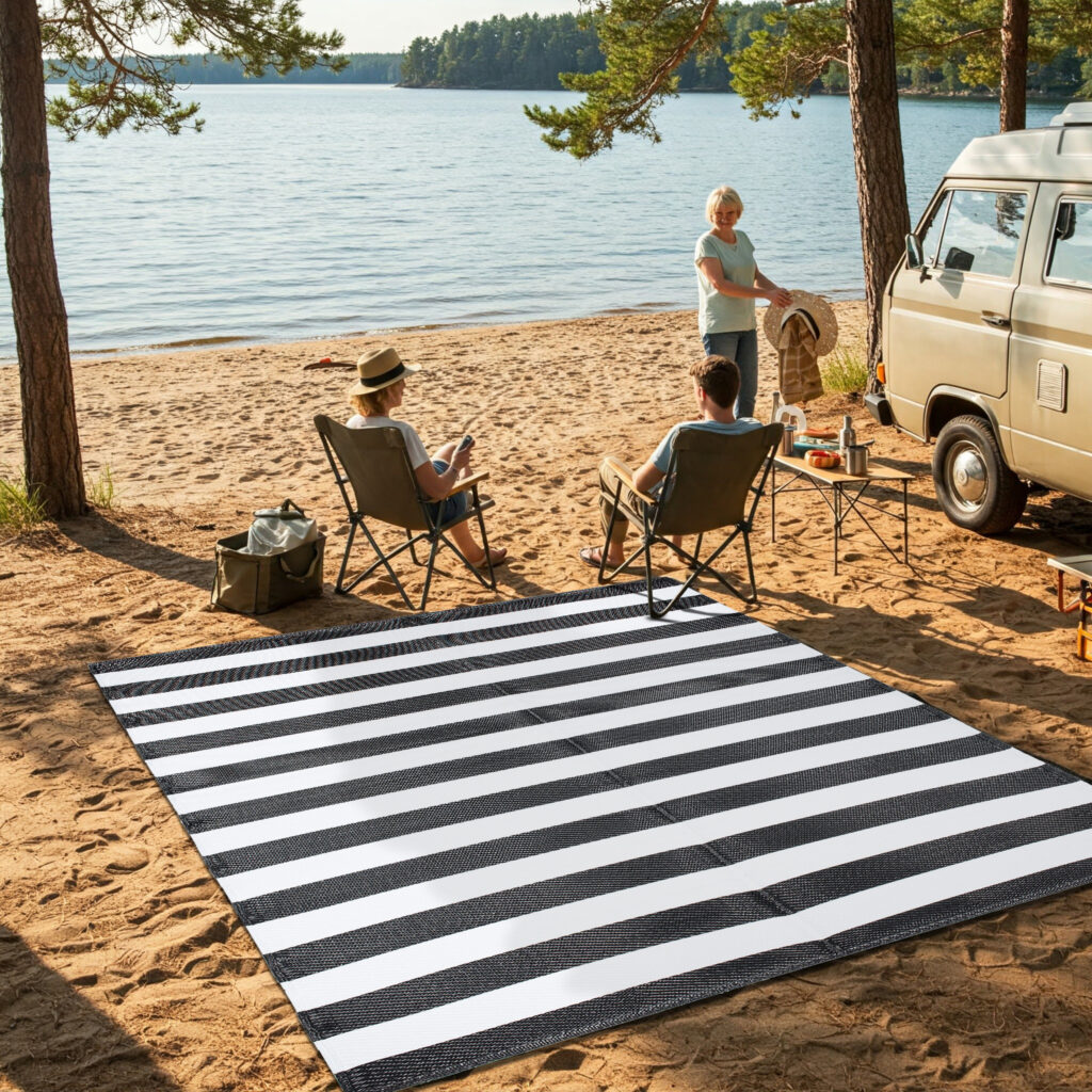 Teppich Ibiza Outdoor Beidseitig Wasserdicht Schwarz Weiß Streifen