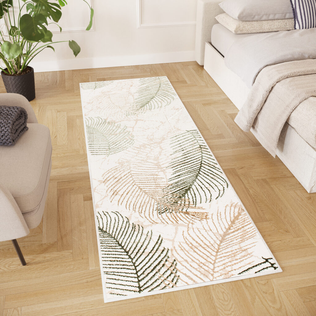 Teppichläufer Crystal Beige Grün Blätter Meterware