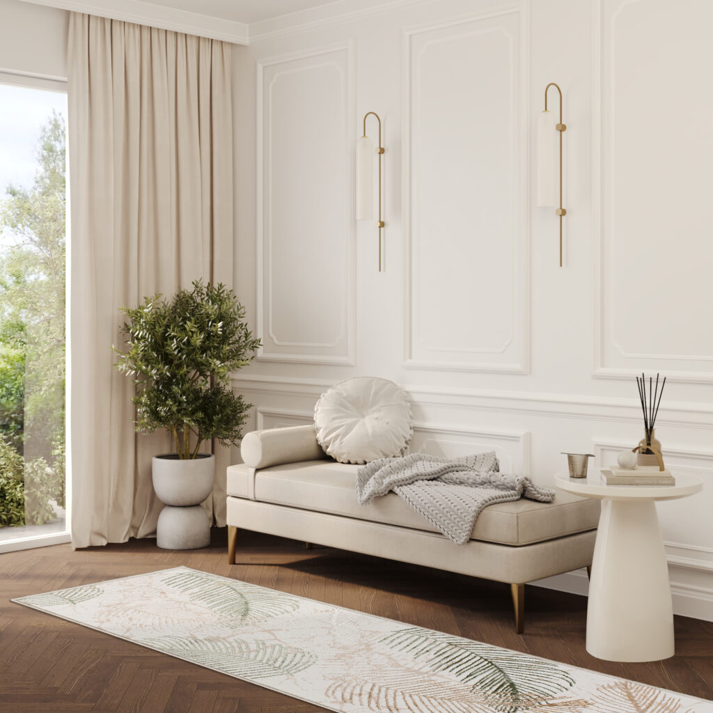 Teppichläufer Crystal Beige Grün Blätter Meterware