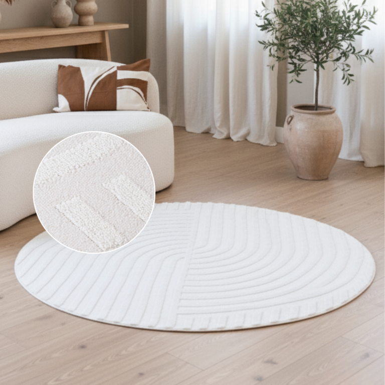 Teppich Hygge Rund Gebrochenes Weiß Linien