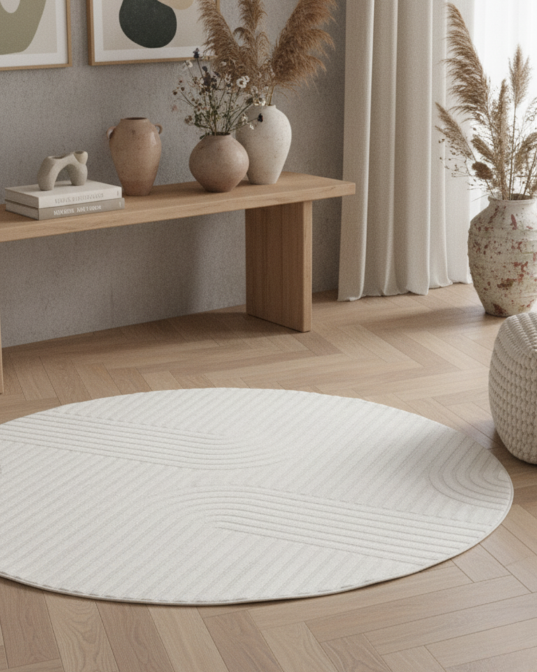 Teppich Hygge Rund Gebrochenes Weiß Streifen