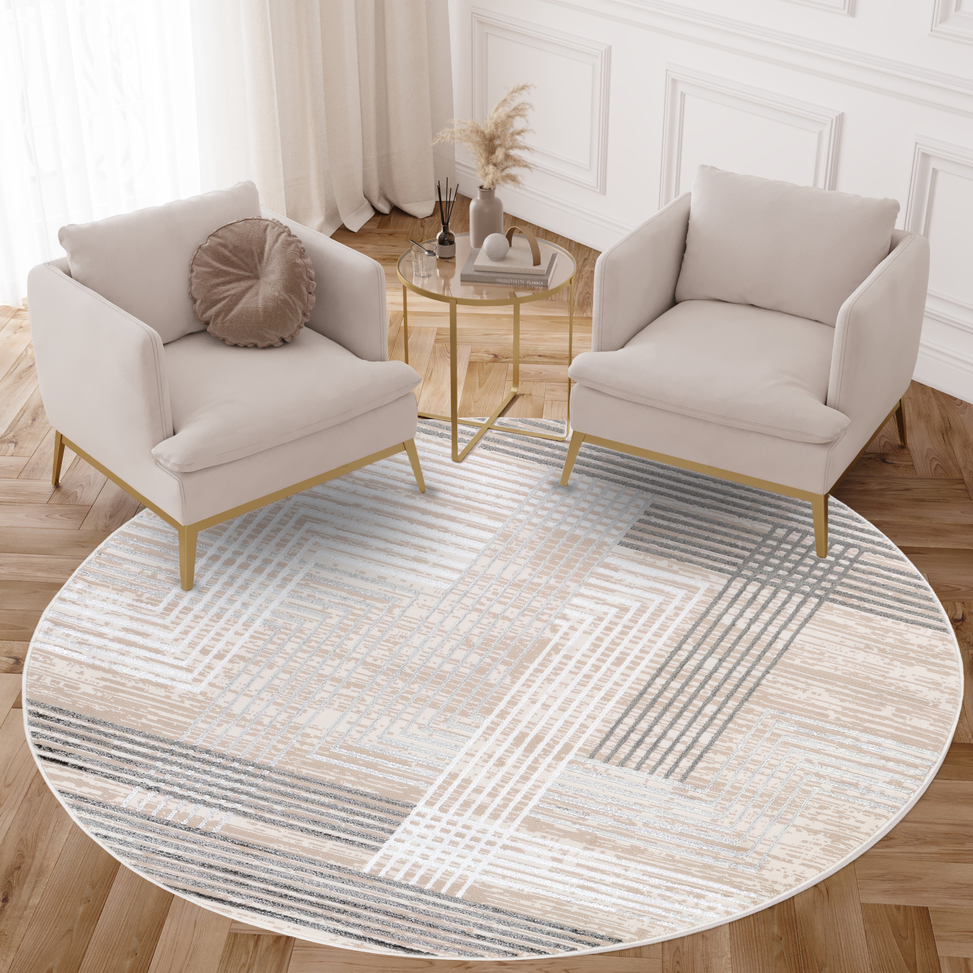 Teppich Crystal Rund Grau Beige Creme Streifen