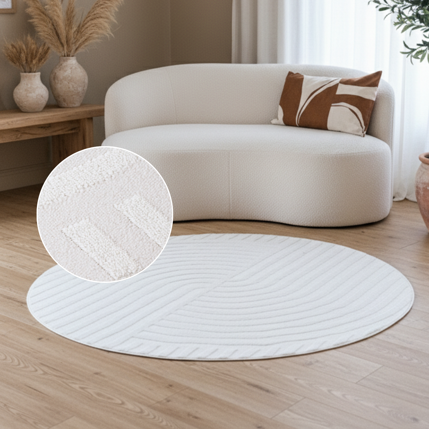 Teppich Hygge Rund Gebrochenes Weiß Linien
