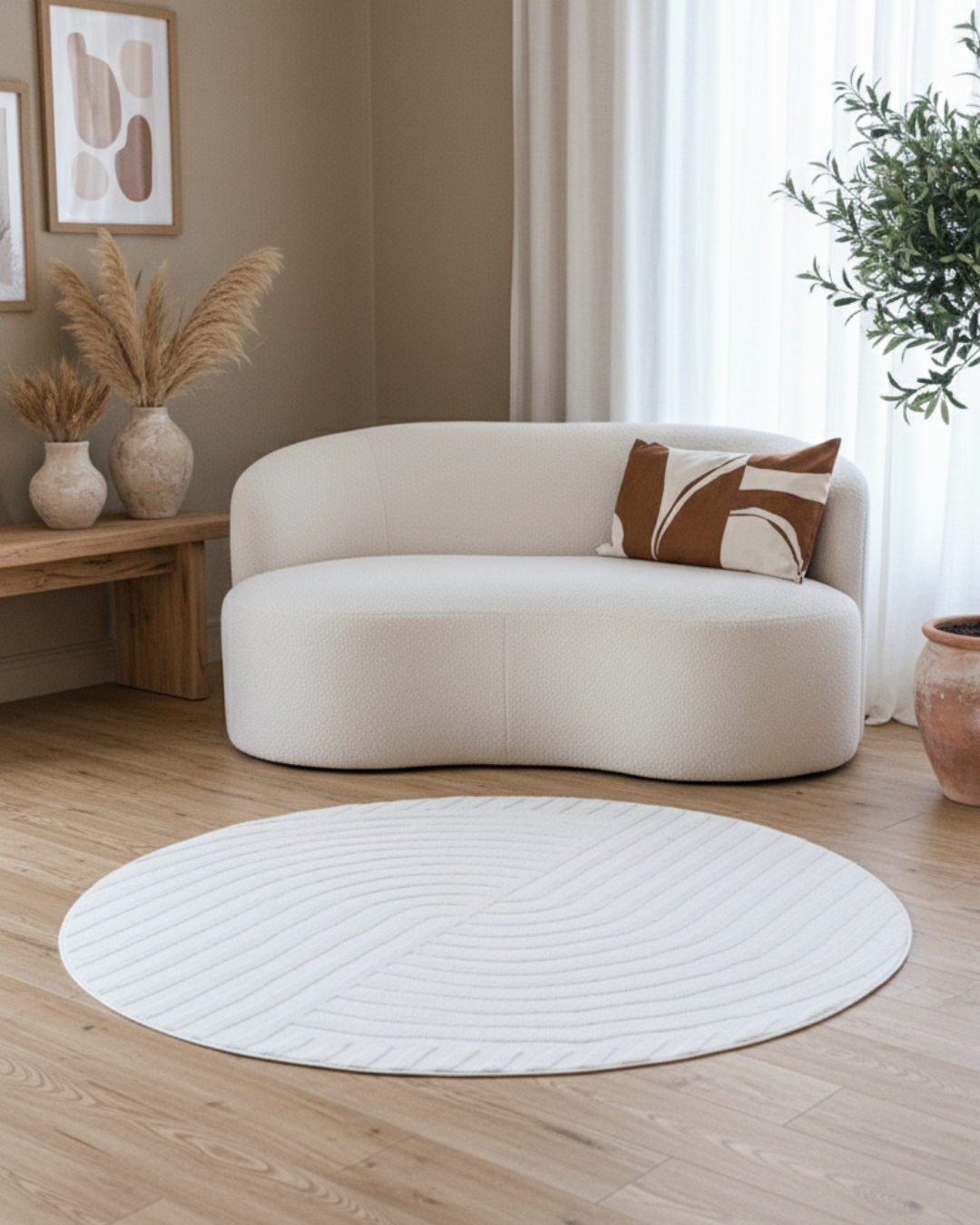 Teppich Hygge Rund Gebrochenes Weiß Linien