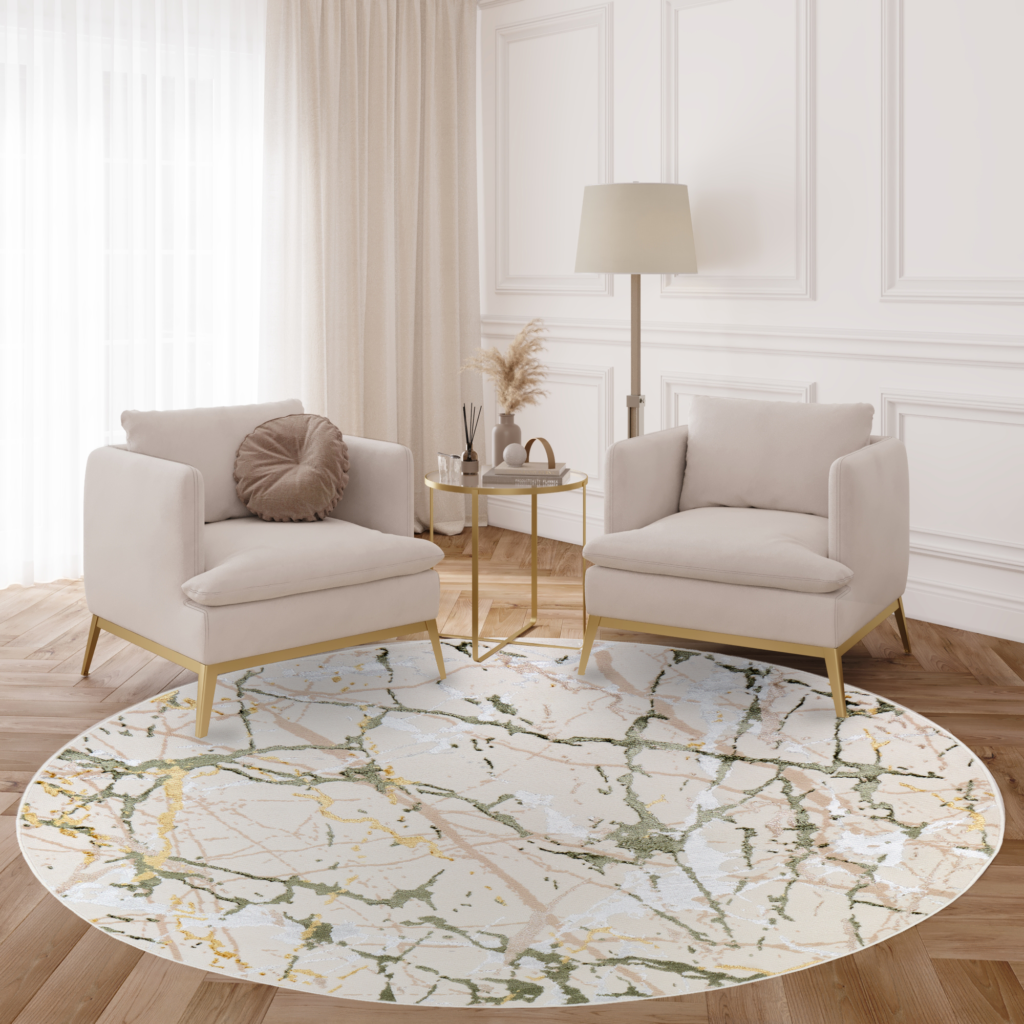 Teppich Crystal Rund Grün Creme Abstrakt Marmor