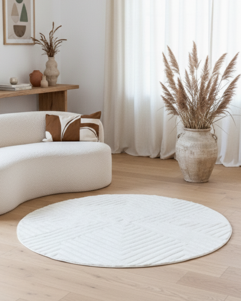 Teppich Hygge Rund Gebrochenes Weiß Rauten