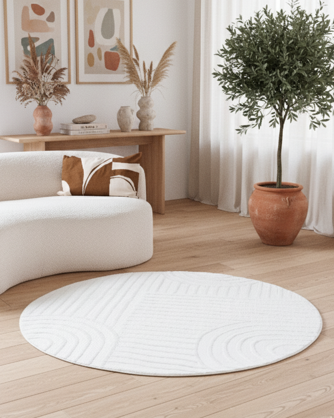 Teppich Hygge Rund Gebrochenes Weiß Geometrisch