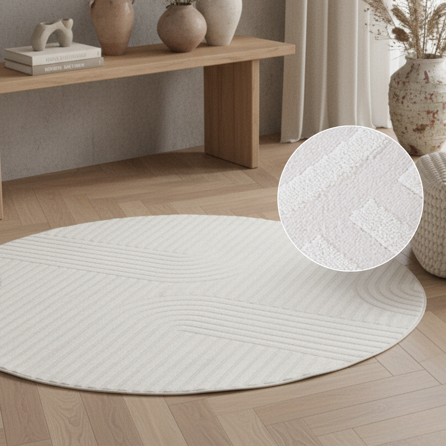 Teppich Hygge Rund Gebrochenes Weiß Streifen