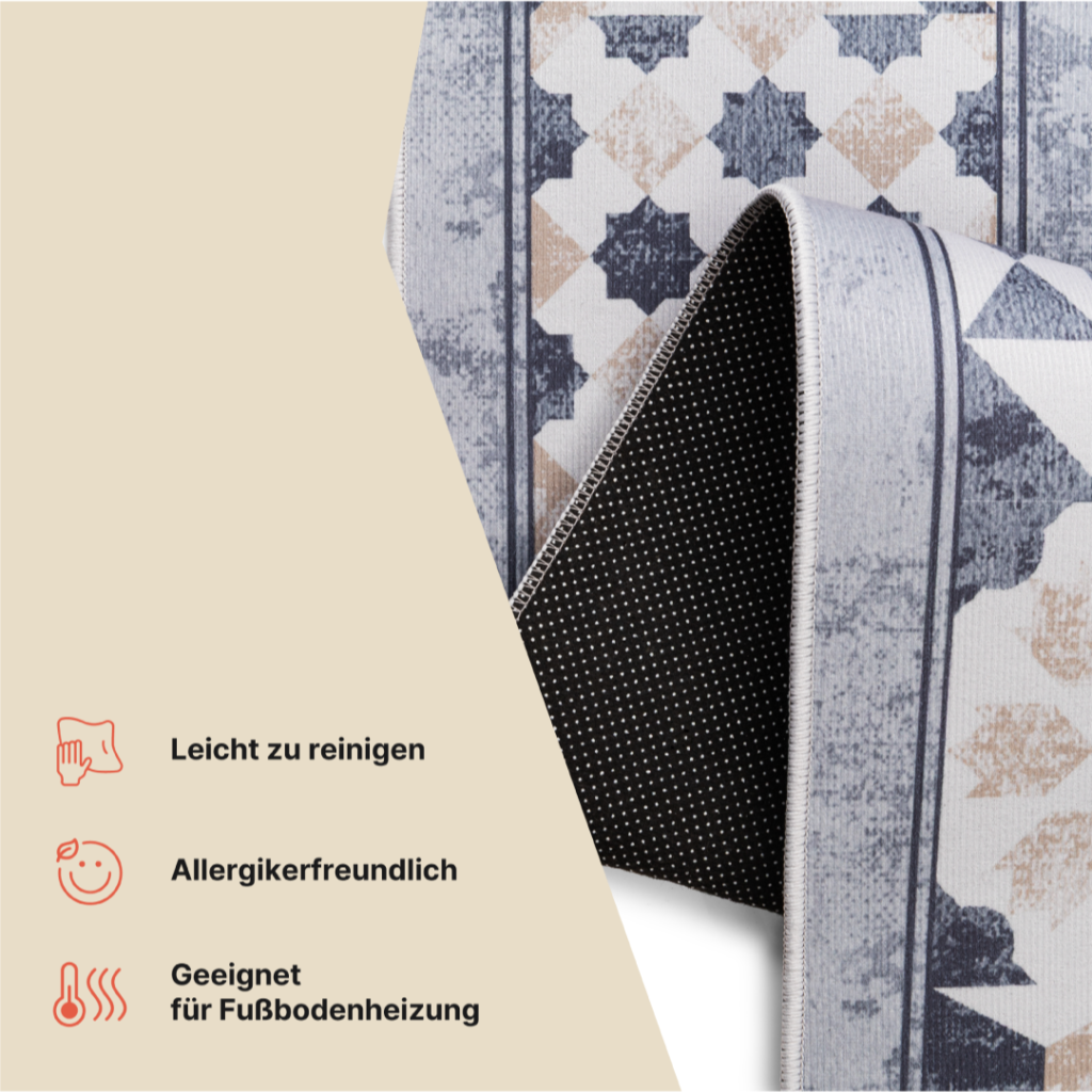 Teppich Nora Grau Beige Rahmen Rutschfest
