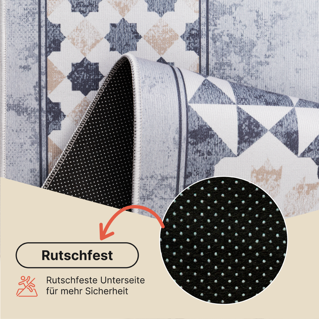 Teppich Nora Grau Beige Rahmen Rutschfest