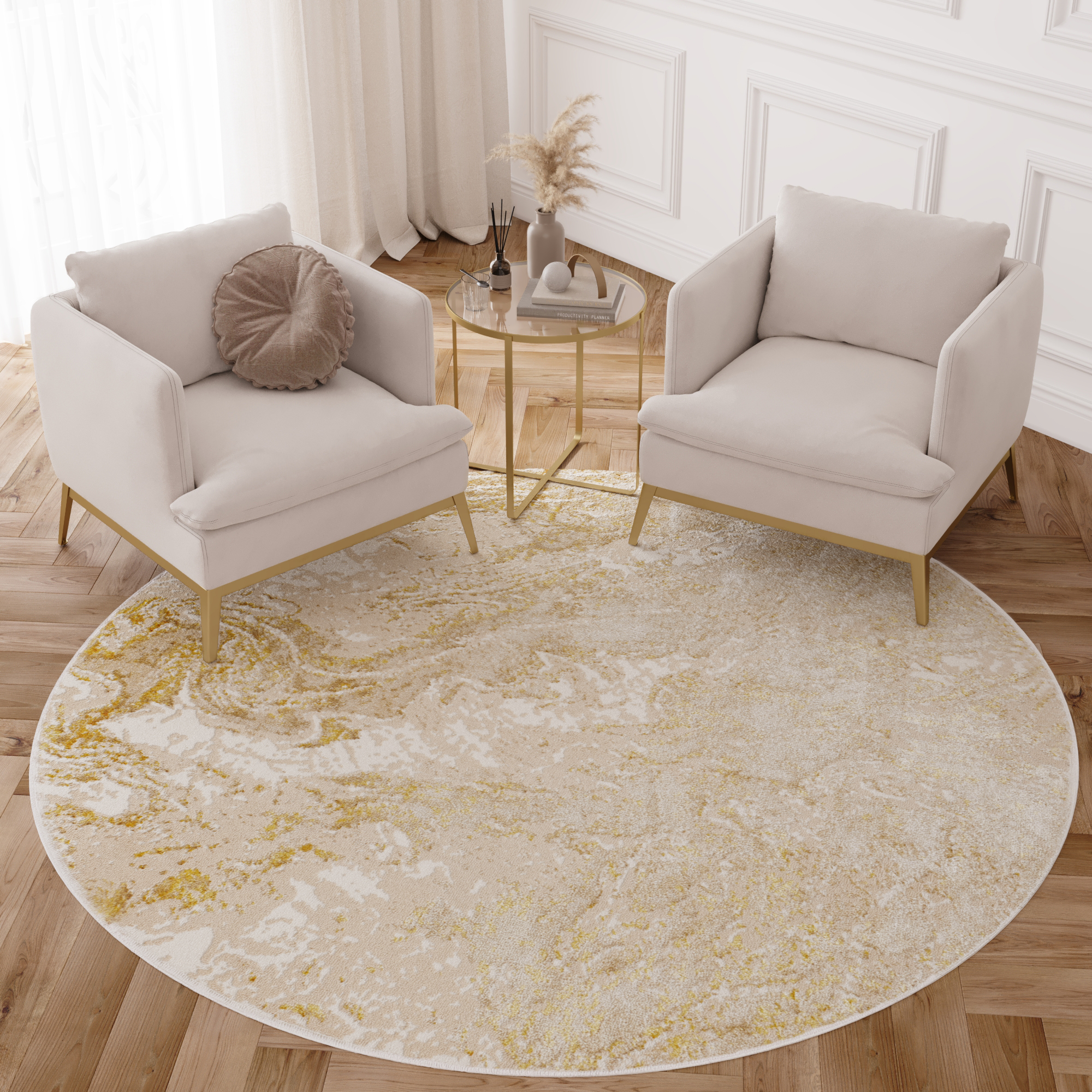 Teppich Crystal Rund Beige Gold Creme Marmor