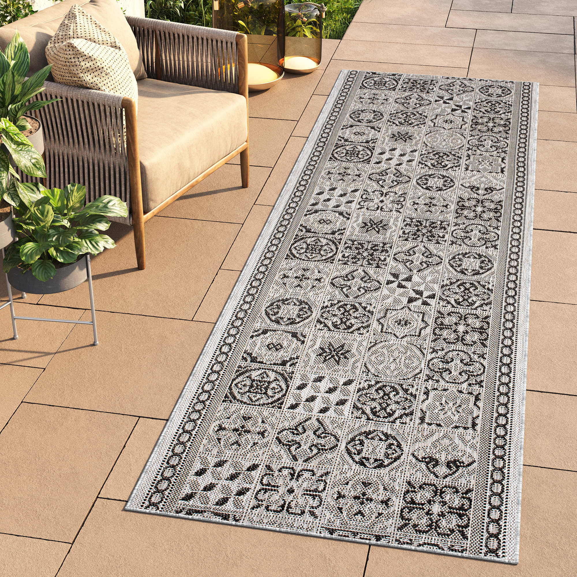 Teppichläufer Melissa Grau Schwarz Mosaik Indoor Outdoor