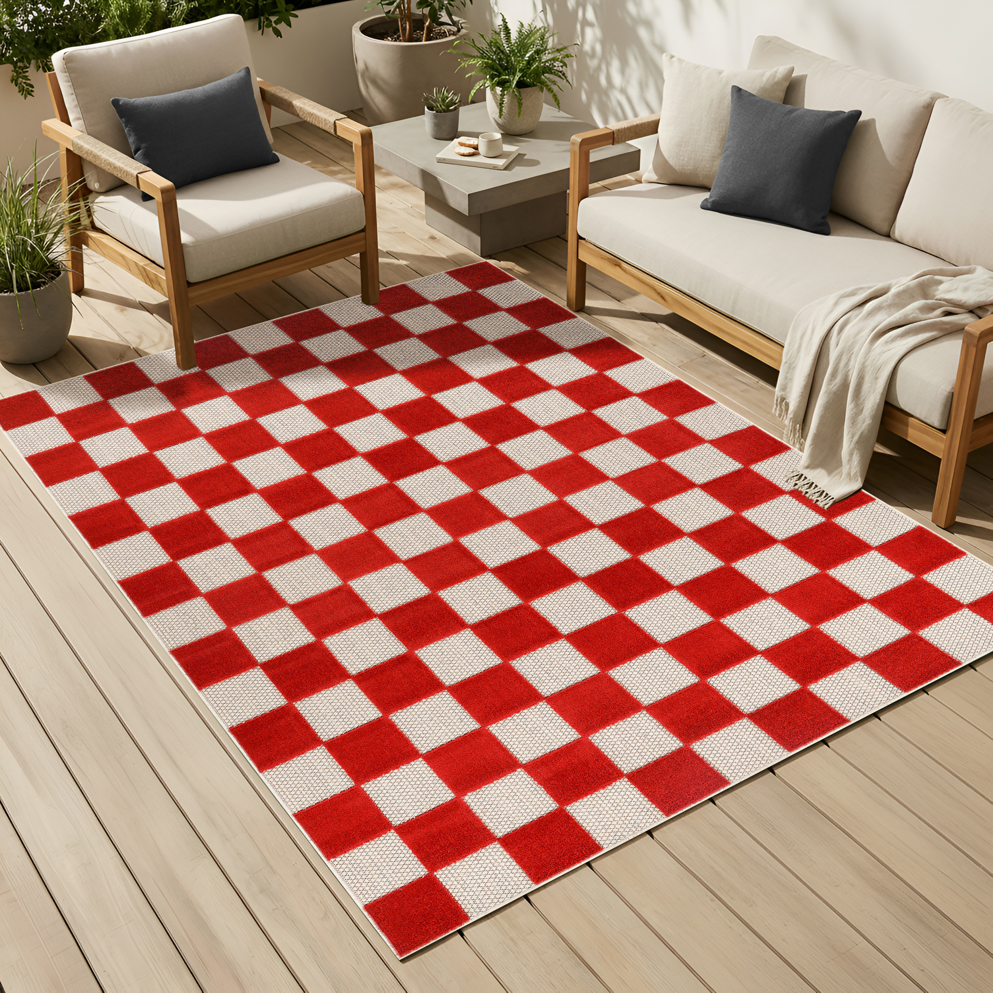 Outdoor Teppich Checker Creme Rot