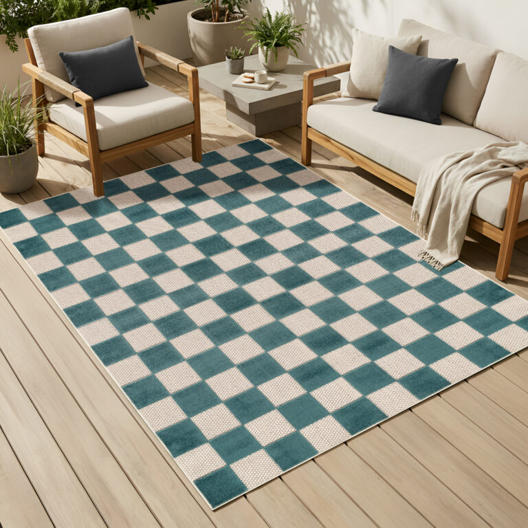 Outdoor Teppich Checker Creme Türkis