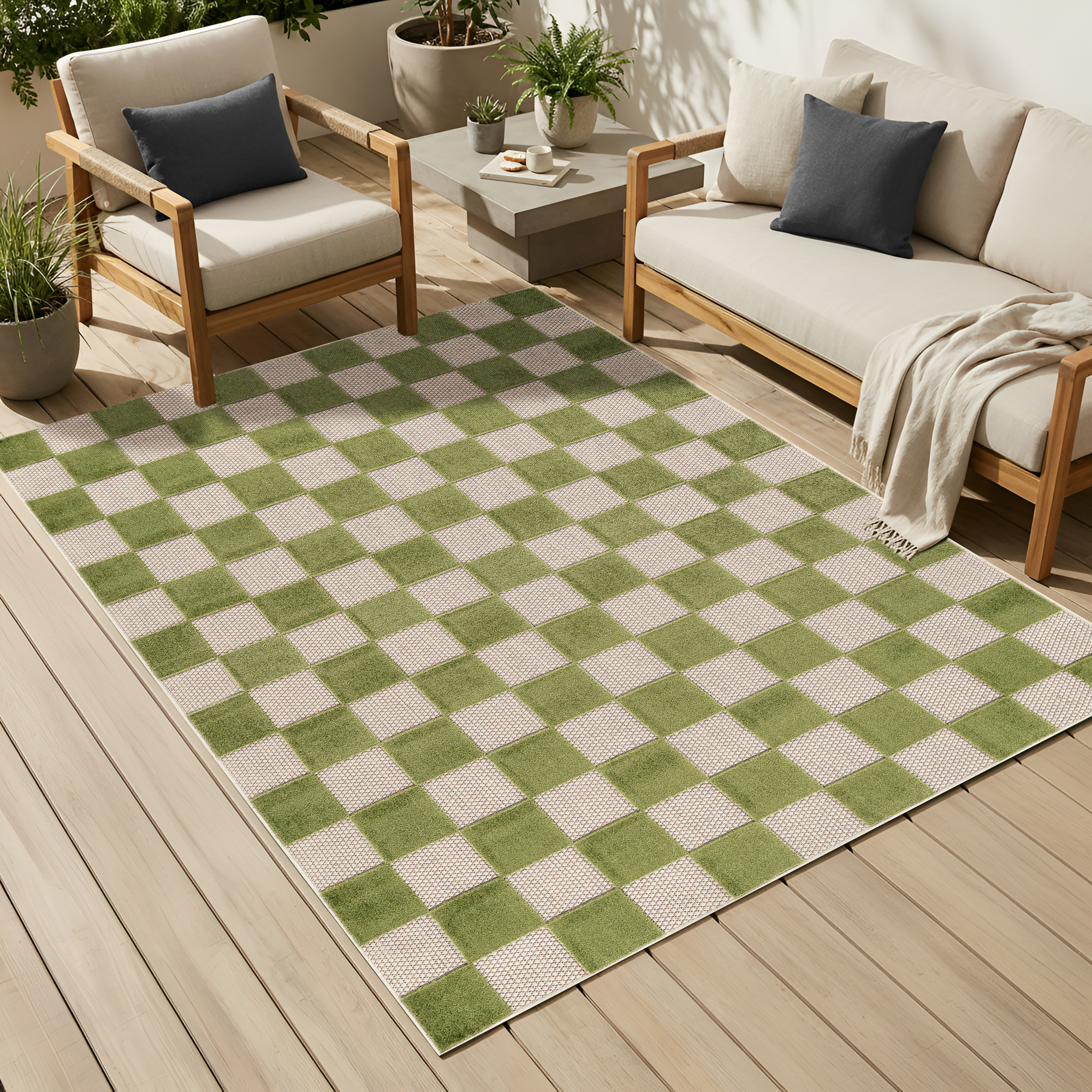 Outdoor Teppich Checker Creme Grün