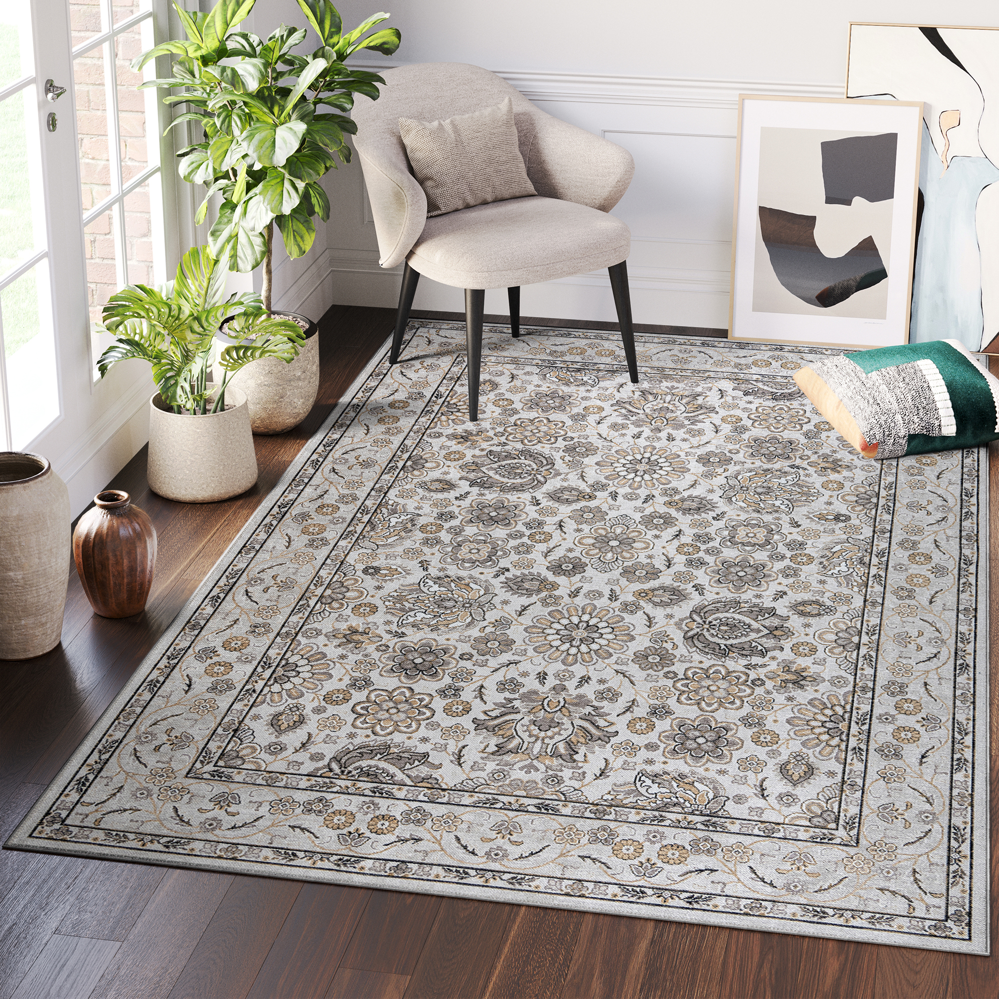 Teppich Dubai Beige Blumenmotiv Rutschfest