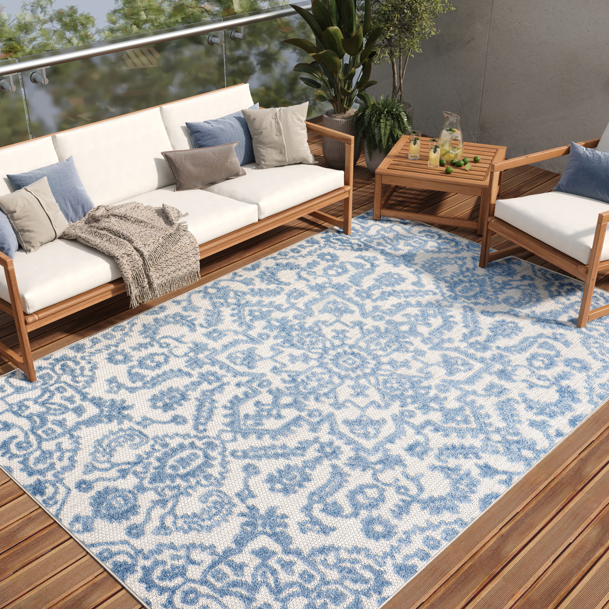 Teppich Outdoor Patio Blau Ornamente