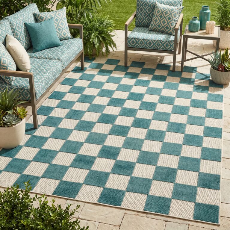 Outdoor Teppich Checker Creme Türkis