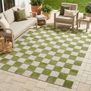 Outdoor Teppich Checker Creme Grün