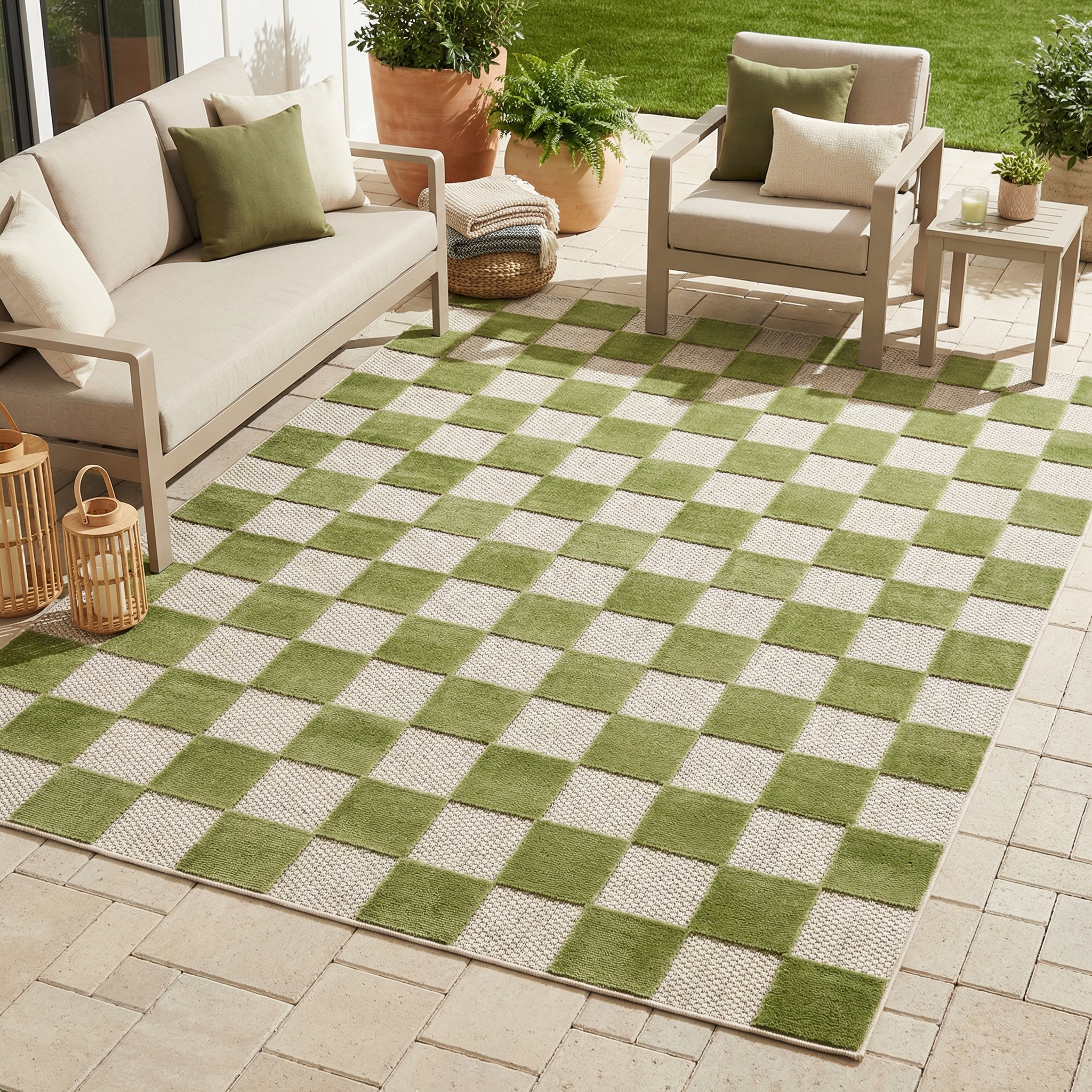 Outdoor Teppich Checker Creme Grün