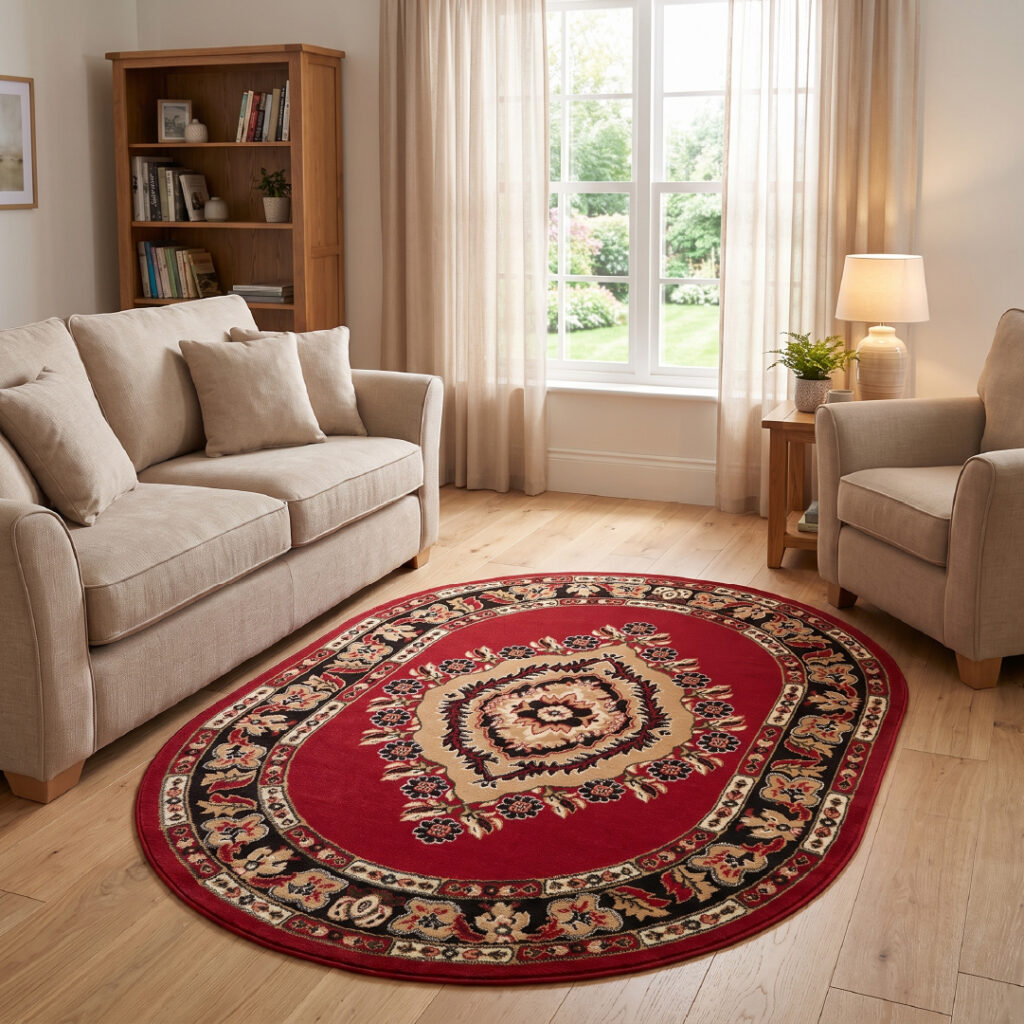 Teppich Atlas Oval Rot Beige Traditionell Rosette