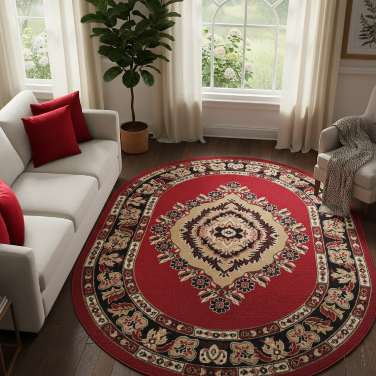 Teppich Atlas Oval Rot Beige Traditionell Rosette