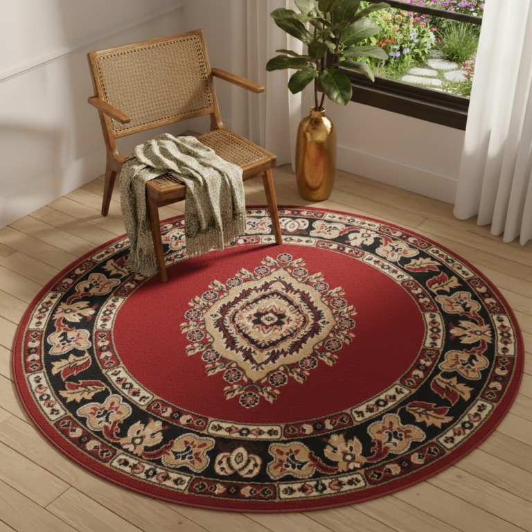 Teppich Atlas Rund Rot Beige Traditionell Rosette